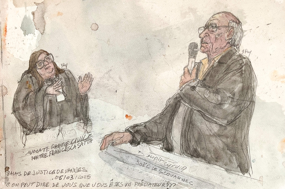 This court sketch created on March 6, 2025, shows retired French surgeon Joel Le Scouarnec (right) answering a question of French plaintiffs’ lawyer Francesca Satta during his trial on charges of assaulting or raping 299 patients, at the Criminal Court in Vannes. — AFP pic