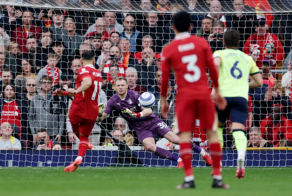 Liverpool’s Mohamed Salah scores their third goal from the penalty spot at Anfield, Liverpool, March 8, 2025. — Reuters pic 