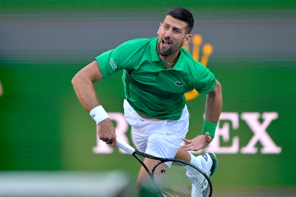 Novak Djokovic hits a shot against Botic Van De Zandschulp (not pictured) during the second round of the BNP Paribas Open at the Indian Wells Tennis Garden, California, March 8, 2025. — Jayne Kamin-Oncea-Imagn Images pic via Reuters