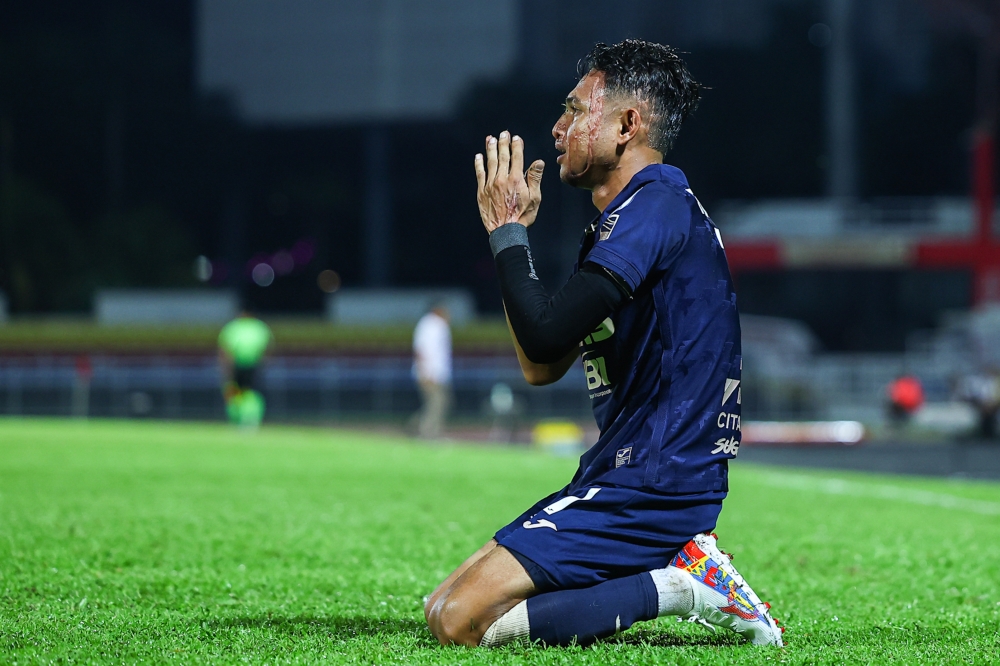 Selangor FC player Faisal Halim celebrates scoring his first goal after the acid attack incident that befell him while playing against Kelantan Darul Naim FC in the 2024/2025 Malaysia Super League at the Petaling Jaya City Council Stadium March 8, 2025. — Bernama pic