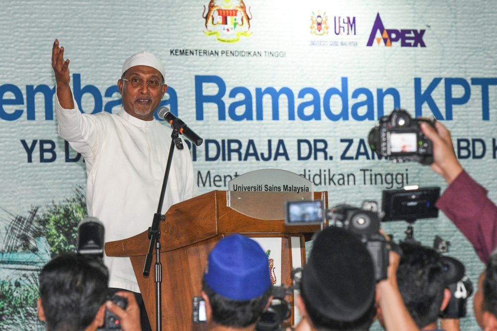Higher Education Minister Datuk Seri Zambry Abd Kadir delivers a speech at the ‘Kembara Ramadan 2025’ programme organised by the Ministry of Higher Education (MOHE) at Universiti Sains Malaysia yesterday. — Bernama