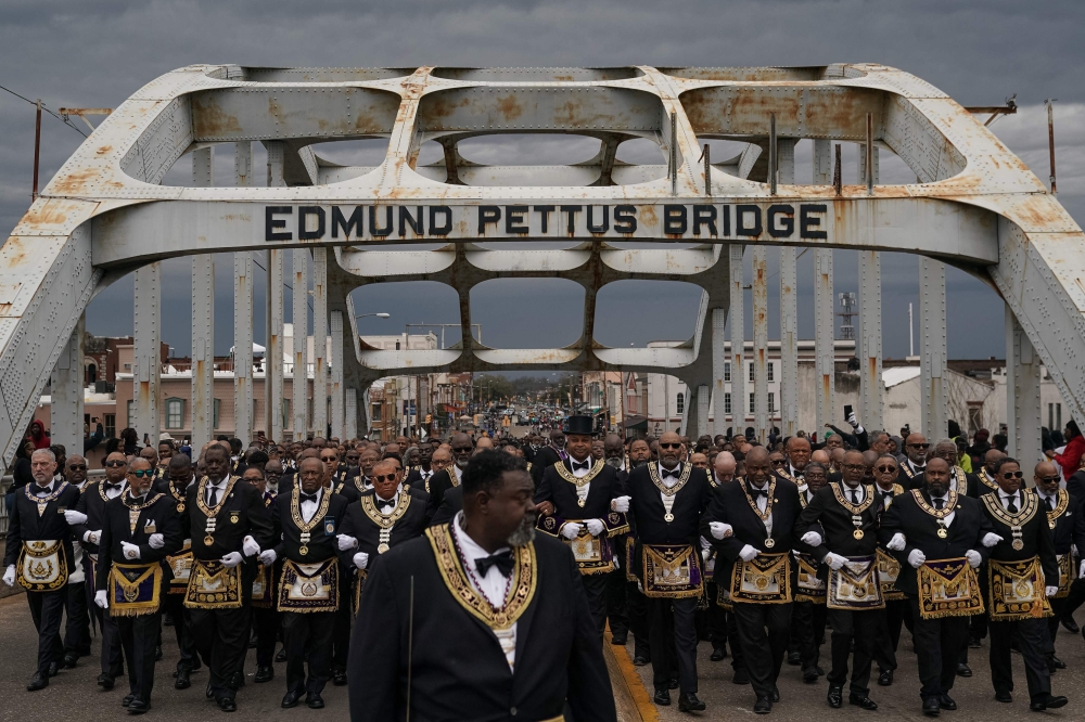 A contingent of Masons marches across the Edmund Pettus Bridge during commemorations of the 60th anniversary of ‘Bloody Sunday’ on March 9, 2025 in Selma, Alabama. — AFP pic 