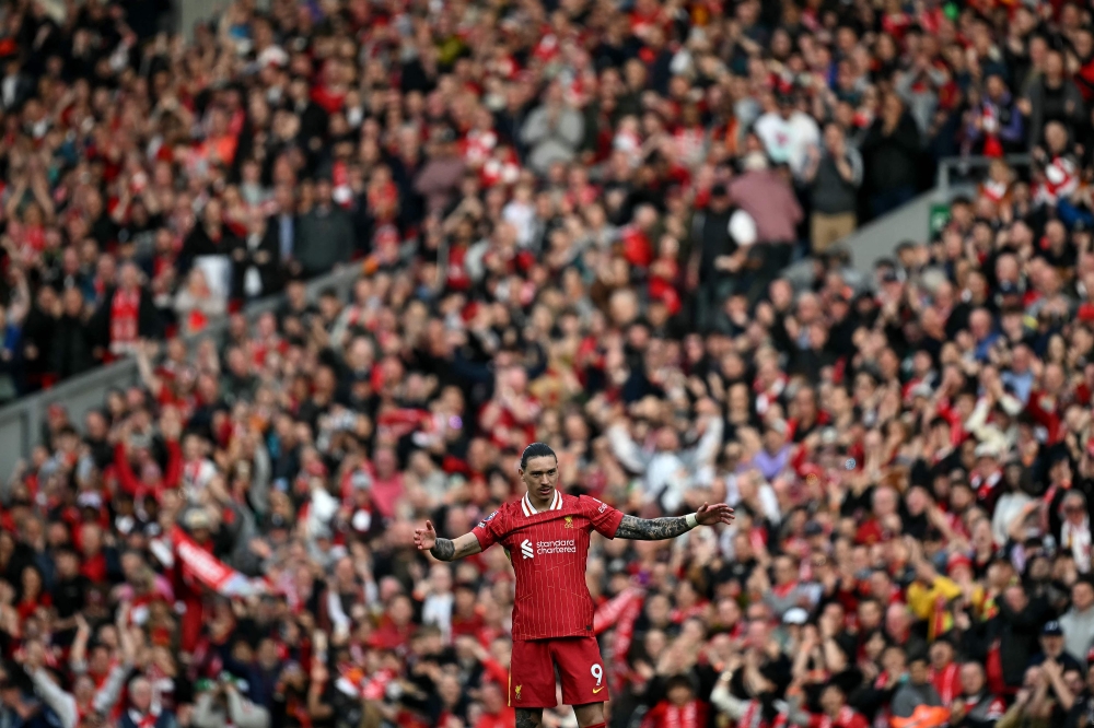 Liverpool's Darwin Nunez celebrates after scoring the equalising goal during the English Premier League football match between Liverpool and Southampton at Anfield in Liverpool, north west England on March 8, 2025. — AFP pic