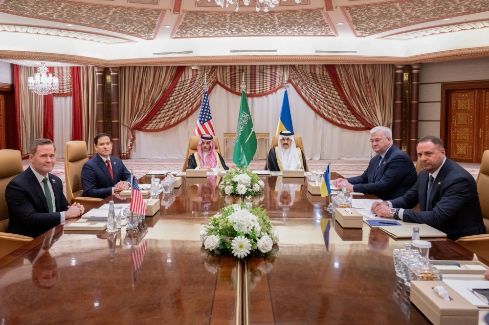 US Secretary of State Marco Rubio, US National Security Adviser Mike Waltz, Ukrainian Foreign Minister Andrii Sybiha and Ukrainian Head of Presidential Office Andriy Yermak hold a meeting in the presence of Saudi Foreign Minister Faisal bin Farhan and National Security Advisor Mosaad bin Mohammad Al-Aiban, in Jeddah, Saudi Arabia, March 11, 2025. — Reuters pic 