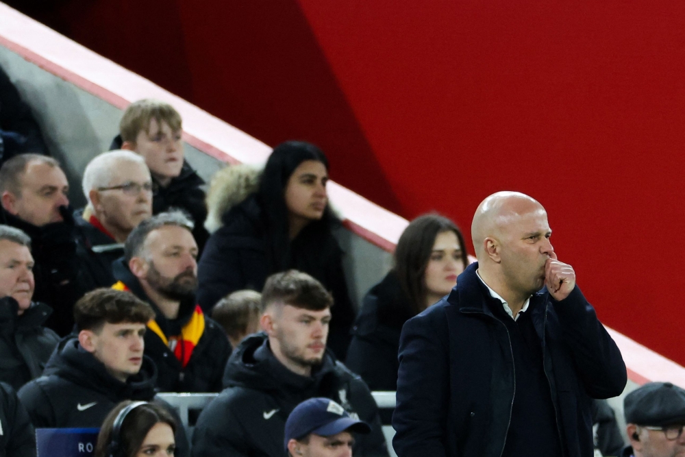 Liverpool's Dutch manager Arne Slot reacts during the last 16 second leg UEFA Champions League football match between Liverpool and Paris Saint-Germain (PSG) at Anfield in Liverpool. — AFP pic