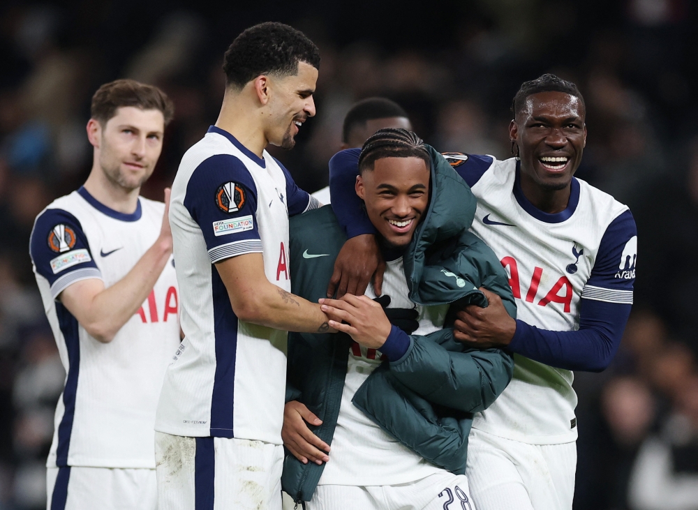 Tottenham Hotspur’s Wilson Odobert celebrates with Dominic Solanke and Yves Bissouma after the match against AZ Alkmaar at Tottenham Hotspur Stadium, London, March 13, 2025. — Action Images pic via Reuters