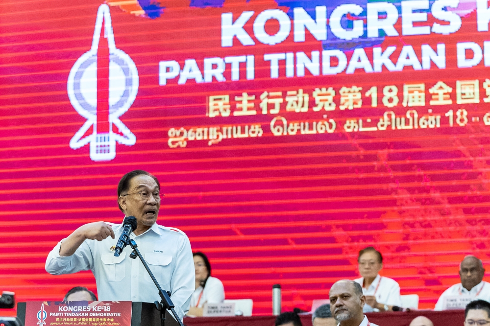 Prime Minister Datuk Seri Anwar Ibrahim speaks during the 18th DAP National Congress at Ideal Convention Centre (IDCC) in Shah Alam March 16, 2025. — Picture by Firdaus Latif