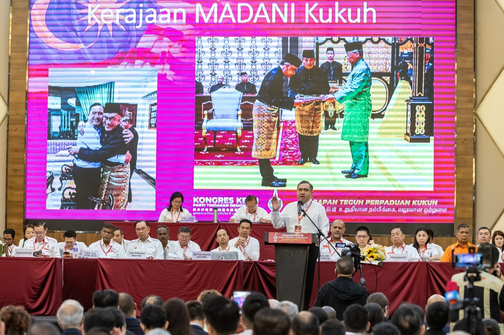 DAP secretary-general Anthony Loke speaks during the 18th DAP National Congress at Ideal Convention Centre (IDCC) in Shah Alam March 16, 2025. — Picture by Firdaus Latif