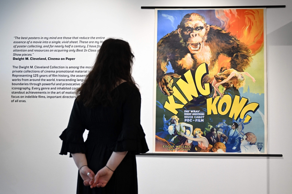 A poster for the for film ‘King Kong’ is pictured during a press preview ahead of the Cinema on Paper: The Dwight M. Cleveland Collection Movie Posters Auction, at Heritage Auctions in London. — AFP pic