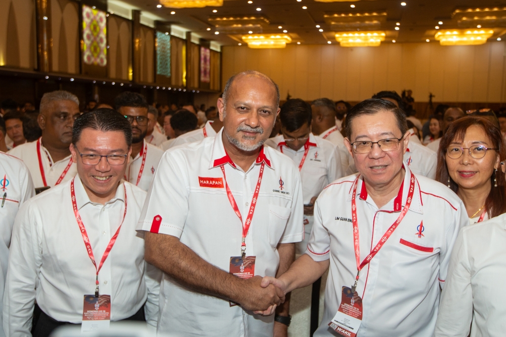 DAP's Lim Guan Eng and Gobind Singh Deo at the 18th DAP National Congress at Ideal Convention Centre (IDCC) in Shah Alam March 16, 2025. — Picture by Raymond Manuel