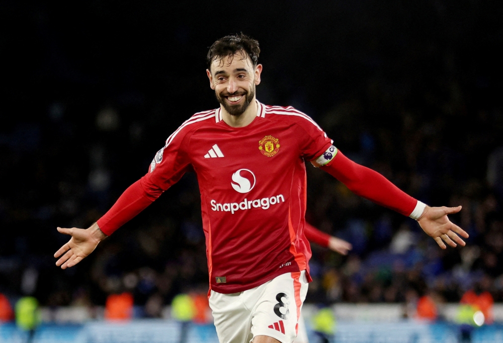 Manchester United’s Bruno Fernandes celebrates scoring their third goal during the Premier League game with Leicester City at King Power Stadium in Leicester March 16, 2025. — Reuters pic