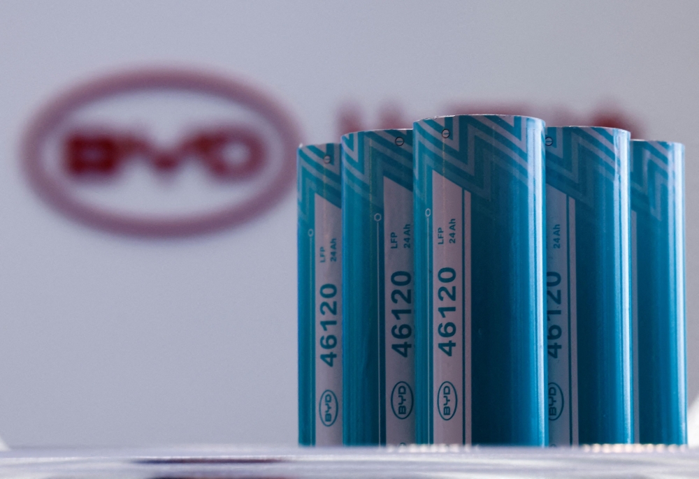 BYD's large cylindrical cell batteries are pictured at Smart Energy Week showcasing technologies and information in the energy industry, in Tokyo, Japan February 19, 2025. — Reuters pic