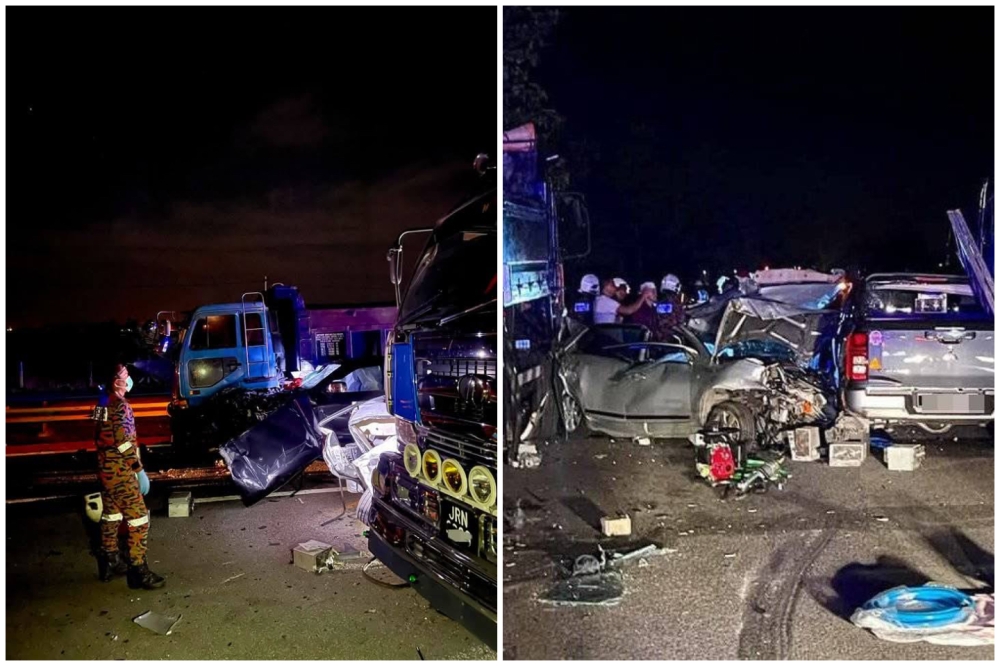 Pendang district police chief Supt Rodzi Abu Hassan said the 3.20 am incident involved a Proton Saga, three lorries and a pickup truck, with three victims in the car pronounced dead at the scene. — Picture from Facebook/