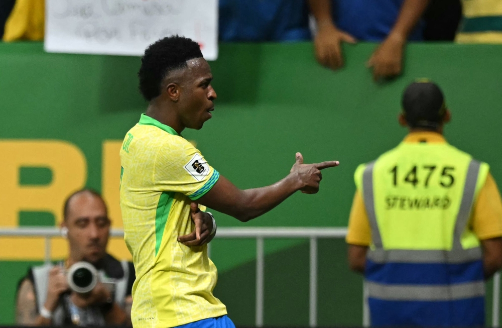  Brazil's forward Vinicius Jr celebrates after scoring against Colombia. — AFP