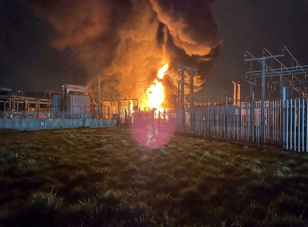 Fire, which wiped out power and closed Heathrow Airport, rises at the North Hyde Electricity Substation in Hayes, Britain in this handout picture released on March 21, 2025. — Picture courtesy of London Fire Brigade