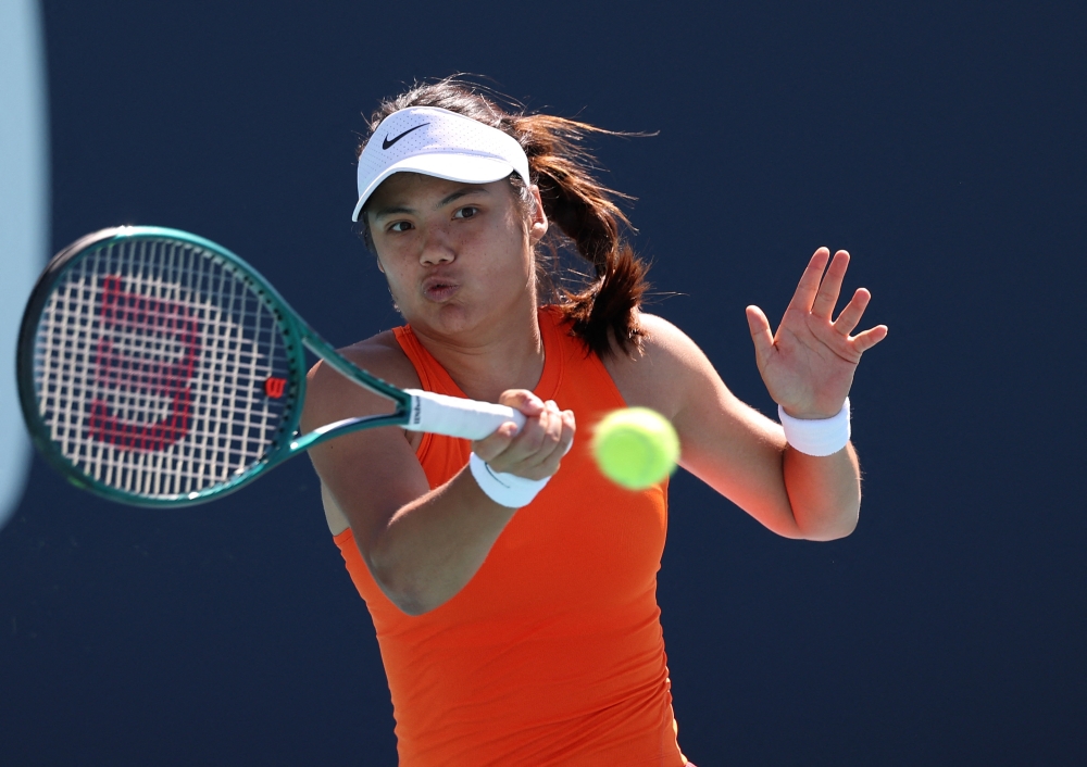 Emma Raducanu of Great Britain returns a shot against Emma Navarro during Day 4 of the Miami Open at Hard Rock Stadium on March 21, 2025 in Miami Gardens, Florida. — AFP pic