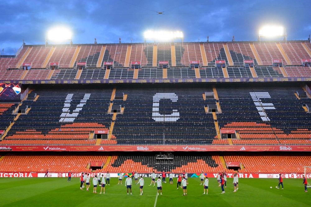 Spain players attend a training session ahead of the UEFA Nations League quarter final second leg football match between Spain and Netherlands at the Mestalla stadium in Valencia, on March 22, 2025. — AFP pic