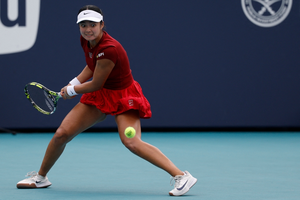 Alexandra Eala from the Philippines hits a backhand against Madison Keys from the US (not pictured) on day six of the Miami Open at Hard Rock Stadium in Miami March 23, 2025. — Geoff Burke-USA TODAY Sports via Reuters
