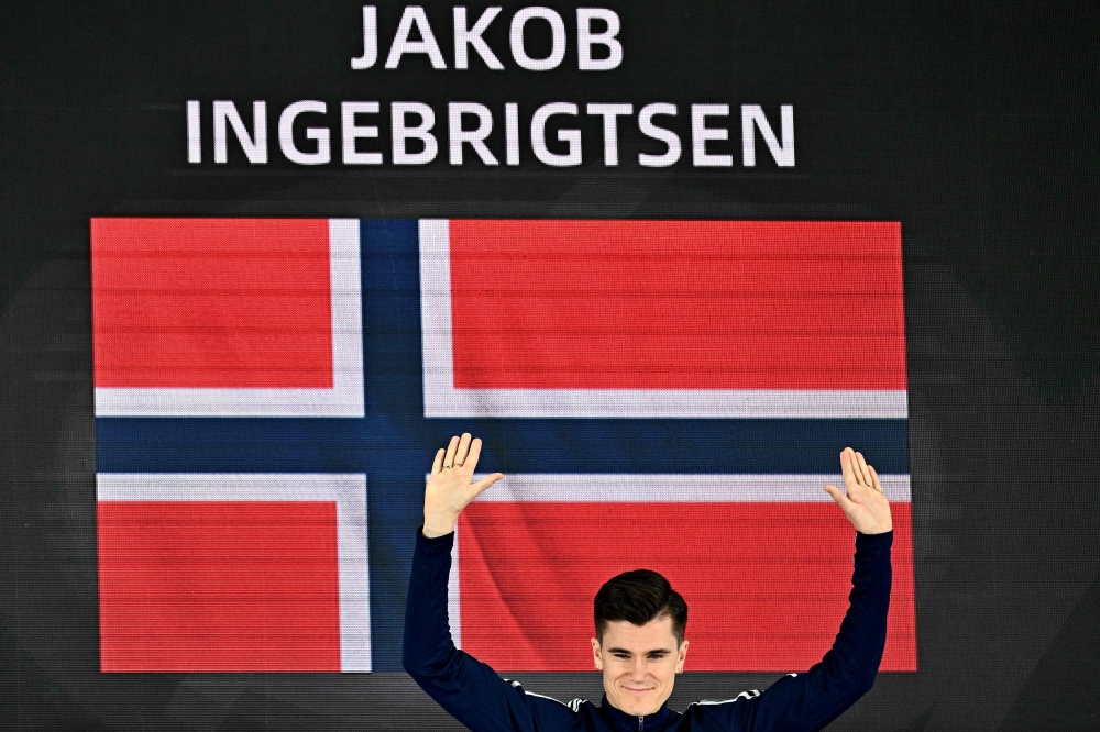 Gold medallist Norway’s Jakob Ingebrigtsen poses for a picture on the podium during the men’s 1500 medal ceremony of the athletics event of the World Athletics Indoor Championships in Nanjing, Jiangsu province March 23, 2025. — AFP pic