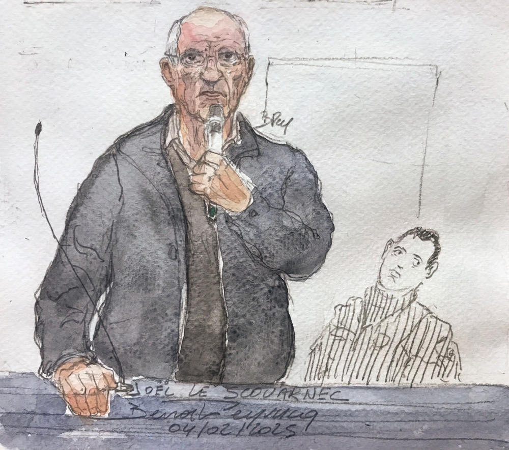 This court sketch created on March 4, 2025, shows French retired surgeon Joel Le Scouarnec (L) speaking during his trial on charges of assaulting or raping 299 patients, at the Criminal Court in Vannes. — AFP pic