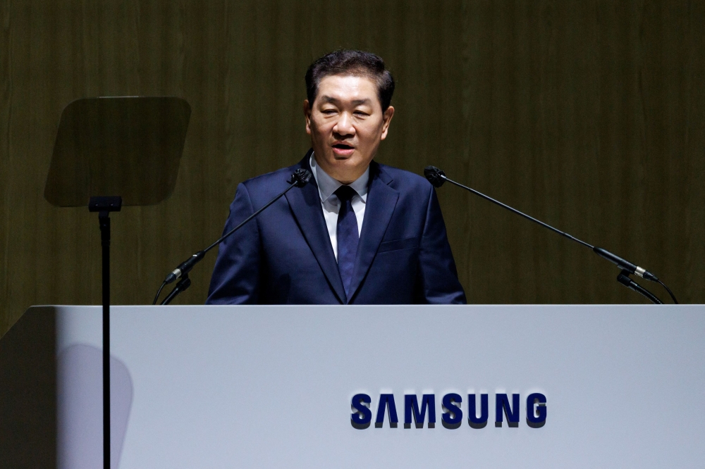 Han Jong-hee, co-chief executive officer of Samsung Electronics Co., speaks at the company's annual general meeting at the Suwon Convention Center in Suwon, South Korea, March 19, 2025. — SeongJoon Ch/Pool/Reuters pic 