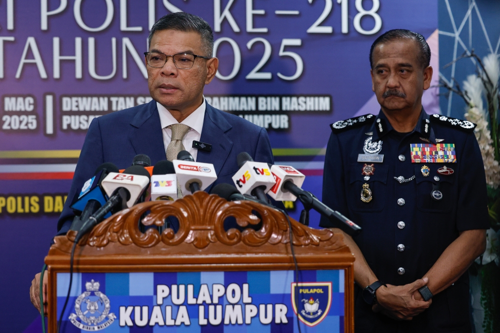 Home Minister Datuk Seri Saifuddin Nasution Ismail speaks during a press conference at the 218th Police Day Parade at the Police Training Centre (Pulapol) in Kuala Lumpur. March 25, 2025. — Picture by Yusof Mat Isa
