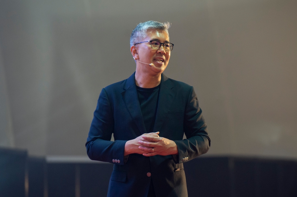 Investment, Trade and Industry minister, Senator Tengku Zafrul Tengku Abdul Aziz deliver his speech during the MADANI Government One Year Anniversary at Bukit Jalil National Stadium on 8 December 2023. — Picture by Shafwan Zaidon