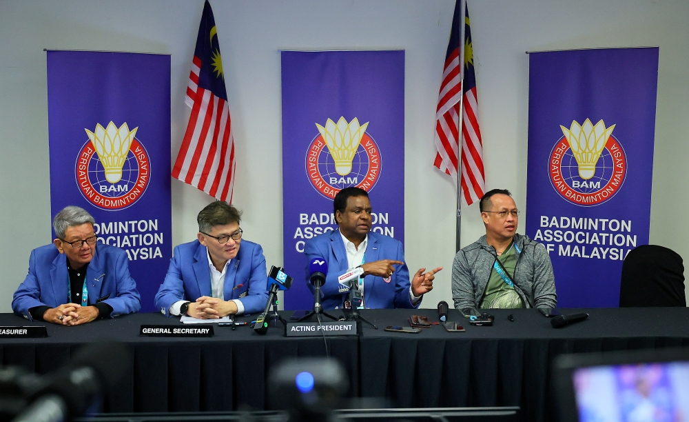 BAM acting president Datuk V. Subramaniam (2nd right) addresses a press conference at the Axiata Arena in Bukit Jalil, Kuala Lumpur in this file picture dated January 11, 2025. BAM has confirmed key coaching appointments, with Kenneth Jonassen taking charge as singles coaching director and Rexy Mainaky (right) focusing solely on doubles, says Subramaniam. — Bernama pic