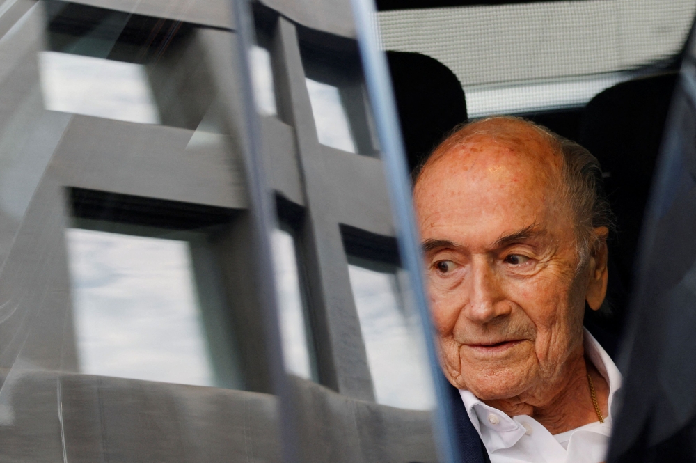 Former Fifa President Sepp Blatter arrives at the tribunal for the verdict on corruption charges against him in Muttenz, March 25, 2025.  — Reuters pic