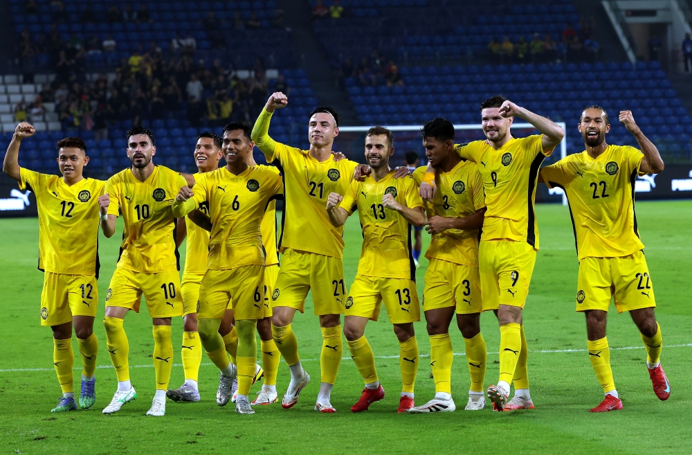 Malaysia’s Hector Hevel (4th right) celebrates his goal with teammates during the third-round match of the 2027 Asian Cup qualifiers for Group F against Nepal at Sultan Ibrahim Stadium in Iskandar Puteri March 25, 2025. — Bernama pic