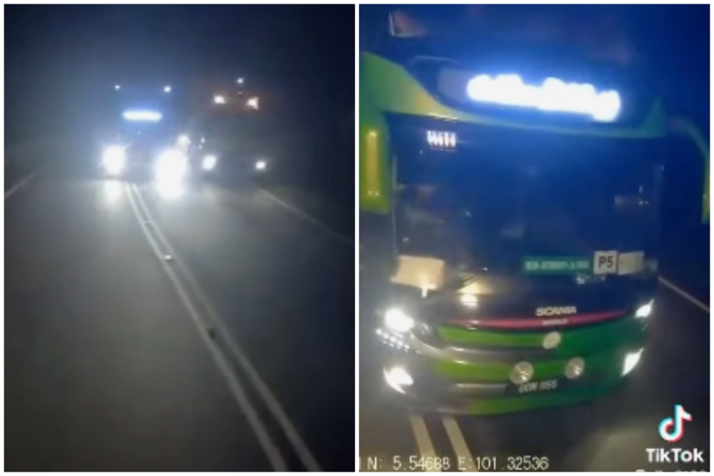 Screengrab of a viral Facebook video showing an express bus dangerously overtaking on a double-lined road.