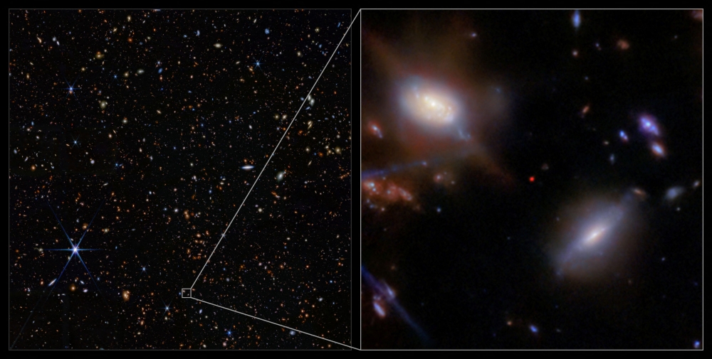 An area of deep space observed by the James Webb Space Telescope is covered by a scattering of galaxies as well as a few nearby stars, and a small square is shown zoomed in, in the centre of which, a red dot is the galaxy JADES-GS-z13-1, observed as it was 330 million years after the Big Bang, in this undated handout image. — Reuters pic