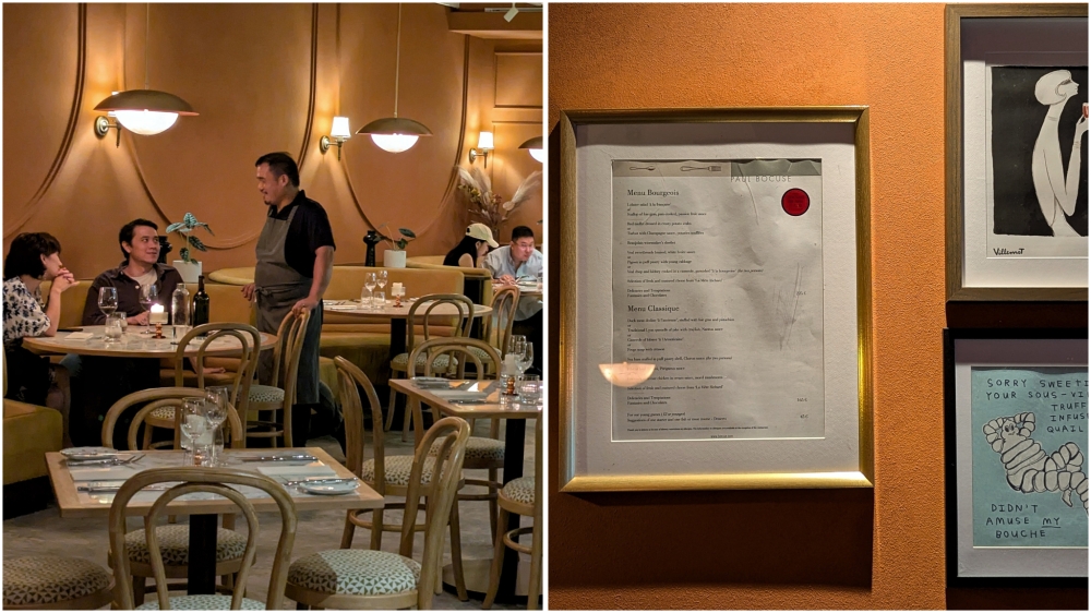 The main dining room at Bidou (left). A framed copy of the menu from Restaurant Paul Bocuse (right) — Pictures by Ethan Lau