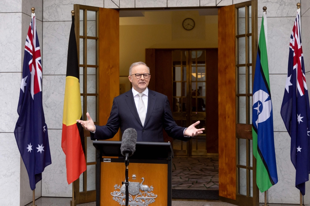 Australian Prime Minister Anthony Albanese gestures as he speaks during a press conference at Parliament House in Canberra on March 28, 2025. — AFP pc
