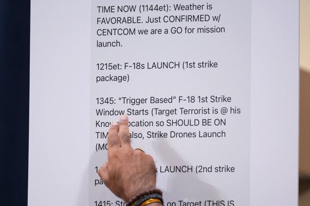 US Rep. Raja Krishnamoorthi (D-IL) points to text messages by Defence Secretary Pete Hegseth during an annual worldwide threats assessment hearing in Washington March 26, 2025. — AFP pic