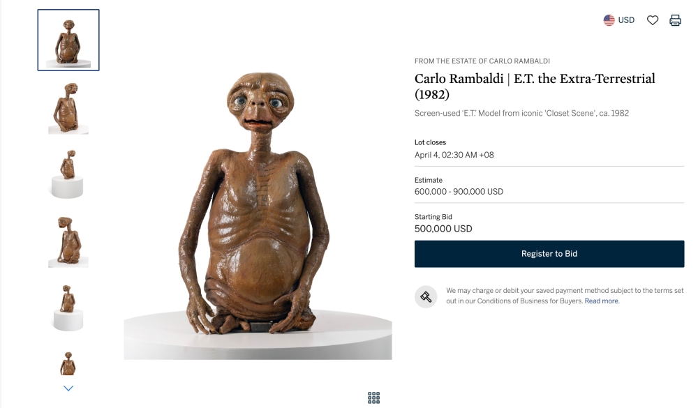 Created by Oscar-winning special effects artist Carlo Rambaldi, the model is one of three used in the film. — Screenshot of the listing of the ET the Extra-Terrestrial model on Sotheby's