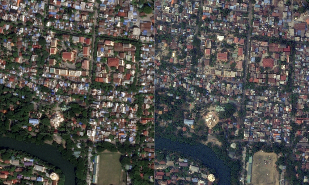 This combination of handout satellite images shows the Masoeyein Monastery and surrounding area on October 29, 2023 in Mandalay, Myanmar (left), and the damage in the same area on March 29, 2025. — AFP pic