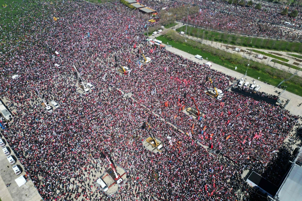 An aerial view of the crowd at a rally organised by the Republican People's Party (CHP), Turkey's main opposition party, in Istanbul on March 29, 2025. — AFP pic