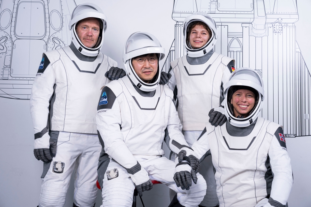 This picture courtesy of Fram2/SpaceX shows, from left to right, mission specialist and medical officer Eric Philips, mission commander Chun Wang, pilot Rabea Rogge and vehicle commander Jannicke Mikkelsen on March 19, 2025 in Hawthorne, California. SpaceX is set on March 31, 2025 to launch the first ever human spaceflight over the Earth’s polar regions, a privately funded mission dubbed ‘Fram2’ that will carry four astronauts in orbit for roughly four days. — SpaceX/Fram2 handout/AFP pic 