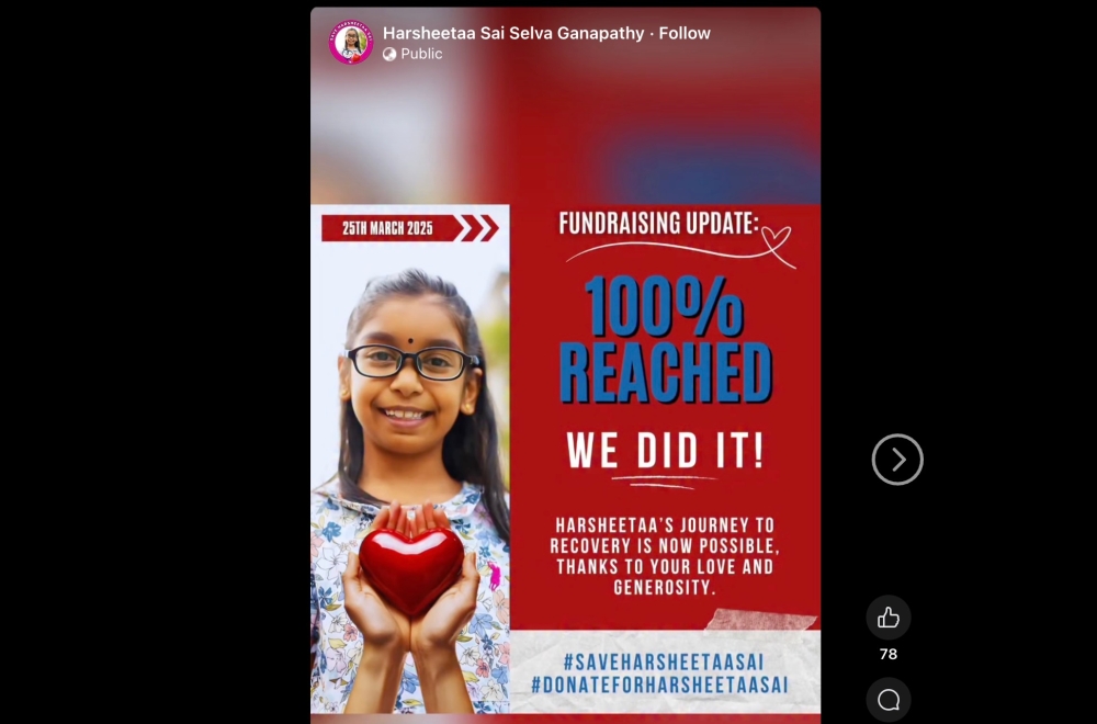 Harsheetaa Sai, who studies at the school where her father teaches, has been battling heterotaxy since birth. — Picture via Facebook/Harsheeta Sai