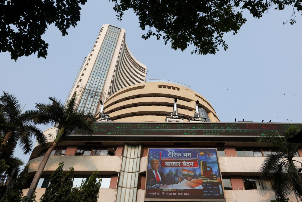 A screen displays US President Donald Trump, at the Bombay Stock Exchange (BSE) after Trump's tariff plan announcement, in Mumbai April 3, 2025. — Reuters pic  