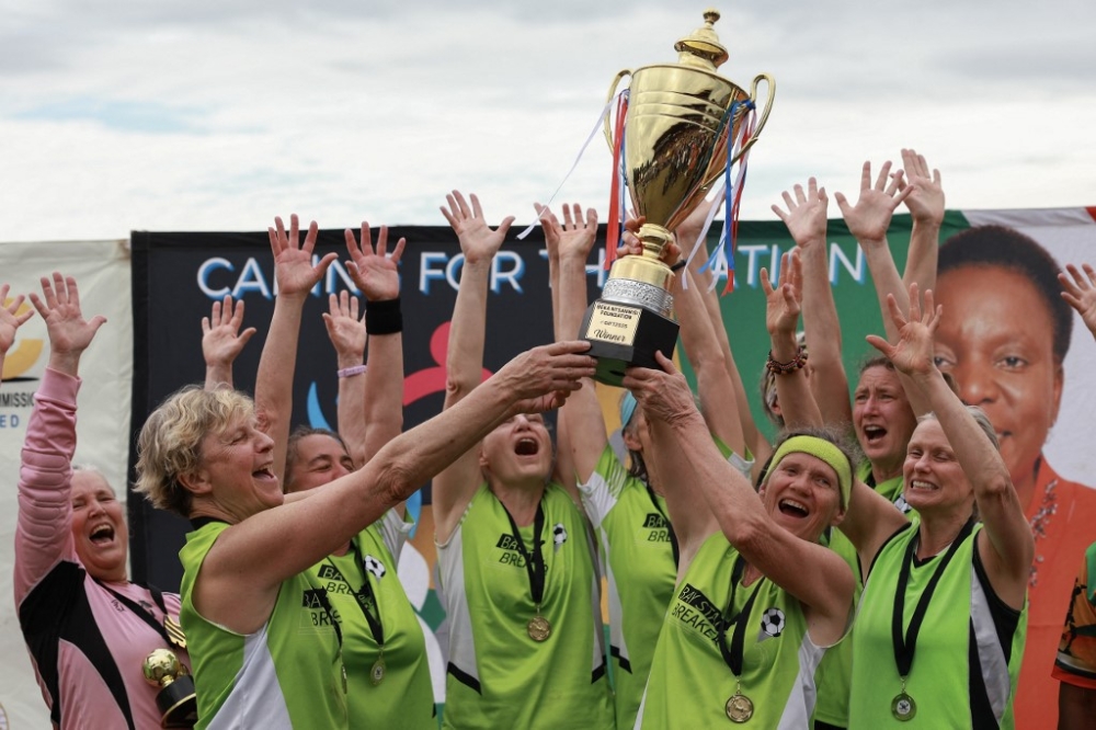 US’ New England Breakers players celebrate after winning the final match against France’s Les Zamies Foot during the Grannies International Football Tournament 2025 at Nkowankowa stadium in Tzaneen April 5, 2025. — AFP pic
