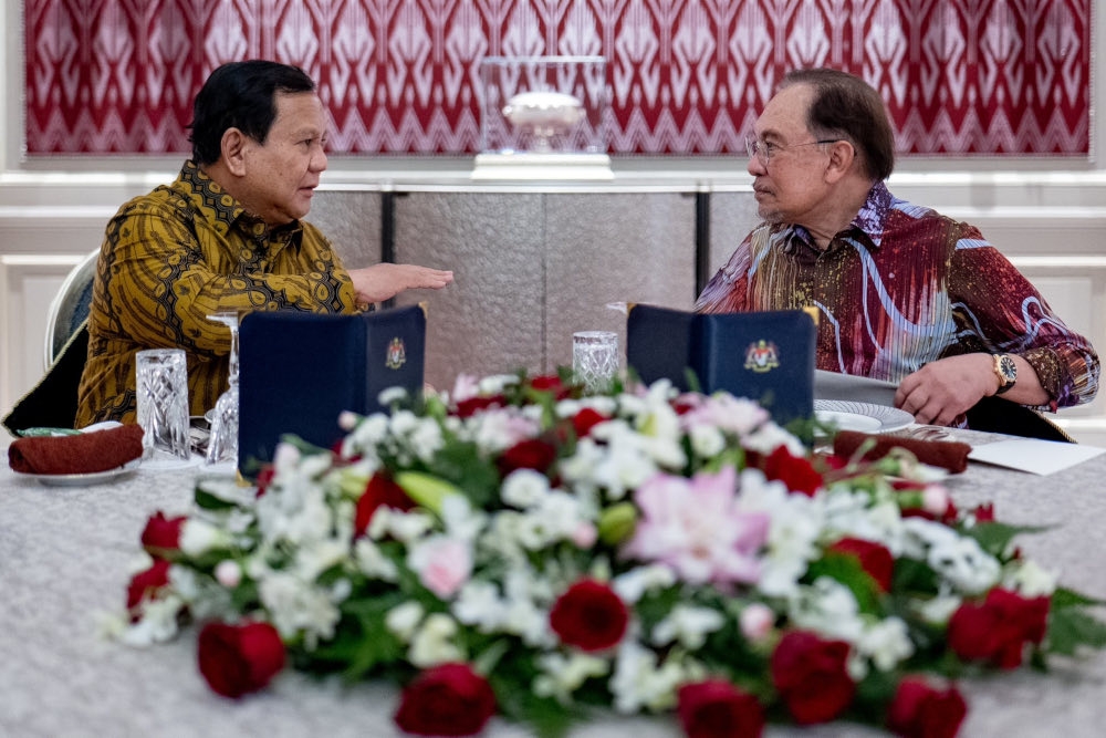 Indonesian President Prabowo Subianto made a Hari Raya Aidilfitri courtesy call on Prime Minister Datuk Seri Anwar Ibrahim last night, during which they exchanged views on regional developments, particularly concerns over the tariffs recently imposed by the United States. — Picture from Facebook/Anwar Ibrahim