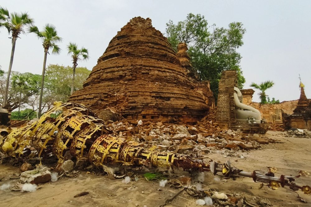 A damaged Buddhist pagoda is pictured in Inn Wa on the outskirts of Mandalay on April 6, 2025, following the devastating March 28 earthquake. — AFP pic