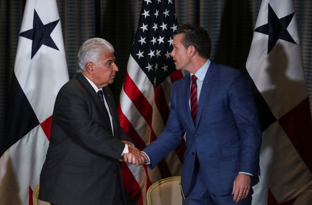US Secretary of Defence Pete Hegseth shakes hands with Panama’s President Jose Raul Mulino, in Panama City April 9, 2025. — Reuters pic