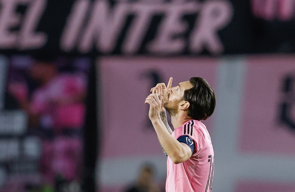 Inter Miami’s Lionel Messi celebrates a goal during the Concacaf Champions Cup quarter-final match with LAFC at Chase Stadium in Fort Lauderdale April 9, 2025. — AFP pic