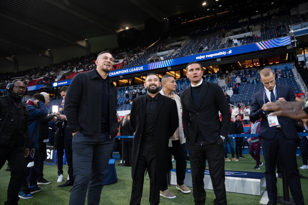 Tunku Ismail (second left) with Sonny Bill Williams (left) and Tim Cahill at PSG home stadium, the Parc des Princes. — Picture from Johor Southern Tigers