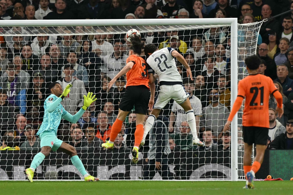 Tottenham Hotspur’s Brennan Johnson fails to score during the Uefa Europa League quarter-final match with Eintracht Frankfurt at the Tottenham Hotspur Stadium in London April 10, 2025. — AFP pic