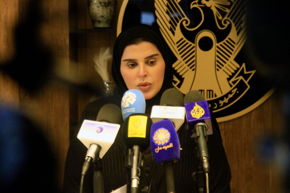 Qatar's Minister of State for International Cooperation Mariam bint Ali bin Nasser Al-Misnad gives s statement in Port Sudan on April 10, 2025. — AFP pic