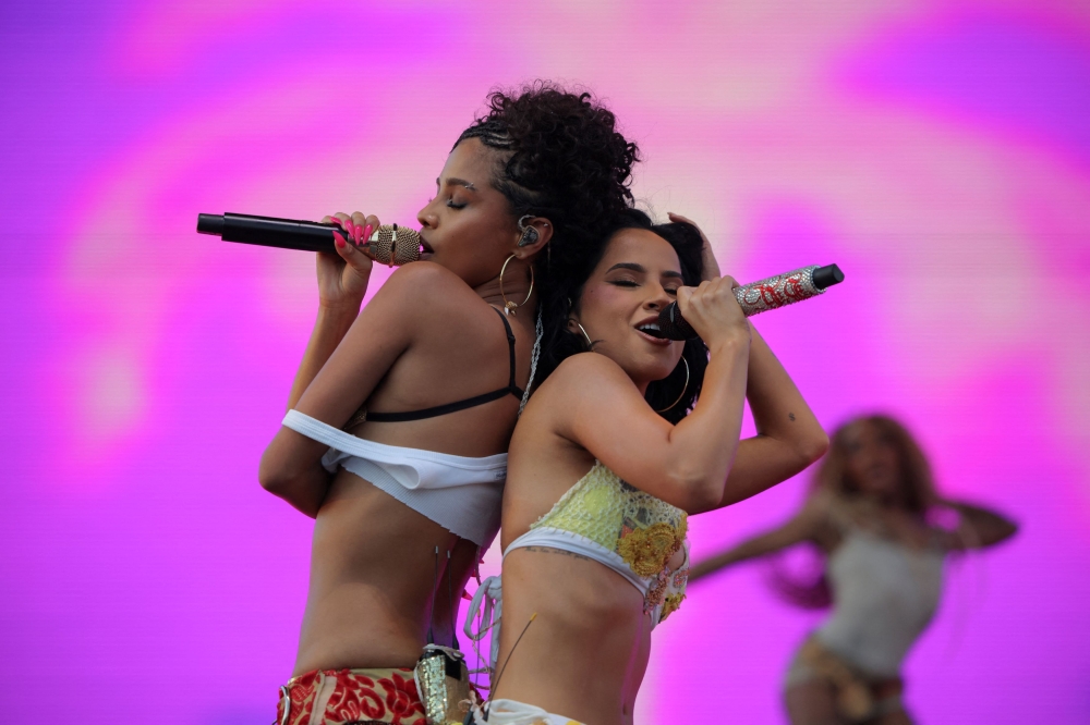 Tyla and Becky G perform at the 2025 Coachella Valley Music and Arts Festival in Indio, California April 11, 2025. — Reuters pic
